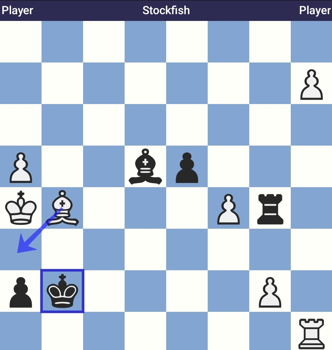 Stelling na Ta8+ - Kg7. Wit speelt direct b8(D) waarna zwart met Lf3 mat heeft. Bij Lh6+ was het opgeven voor zwart. Je kunt nog de truc Kf6 spelen met dezelfde mat na promotie, maar wit kan eerst Tf8+ doen en dan promoveren.